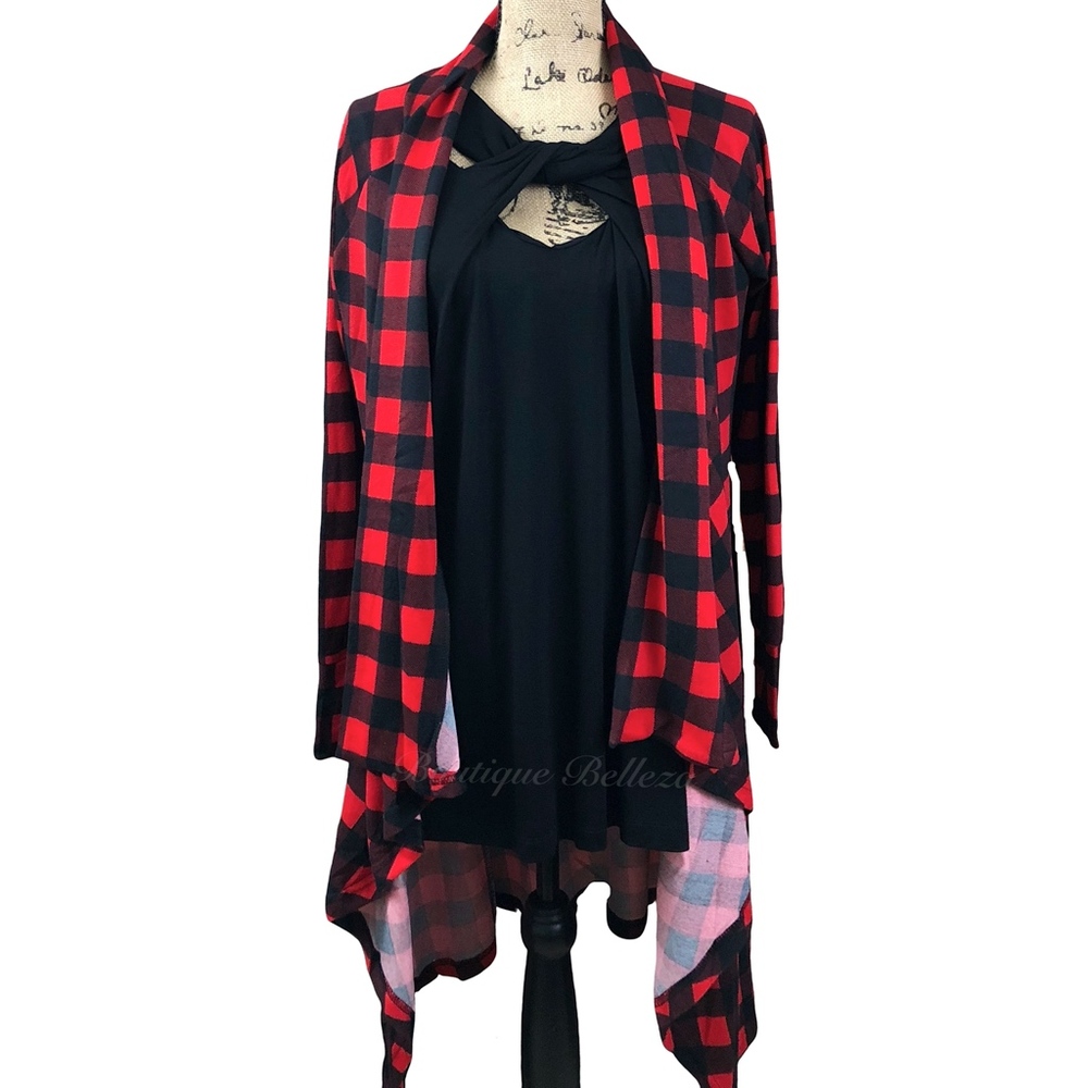 Buffalo Plaid Soft Knit Cardigan With Elbow Patch